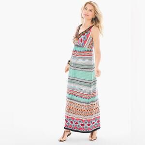 Chico’s Multi-Print Aztec Wood Beaded Embellished Maxi Dress Size 1 (Med)